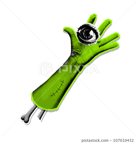 A severed zombie hand holding eye. Collage paper zombie hand sticker in trendy halftone retro style. Neon vector 90s retro grunge element 107010432
