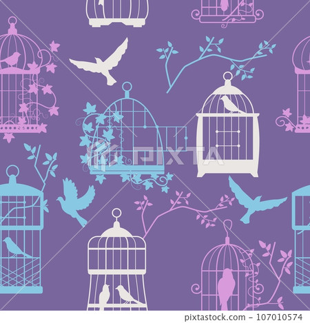 Bird cage pattern. Seamless print of ornate wooden bird cages with various animals, nature decorative background for wrapping paper. Vector texture Bird cage pattern. Seamless print of ornate wooden bird cages with various animals, nature decorative background for wrapping paper. Vector texture 107010574
