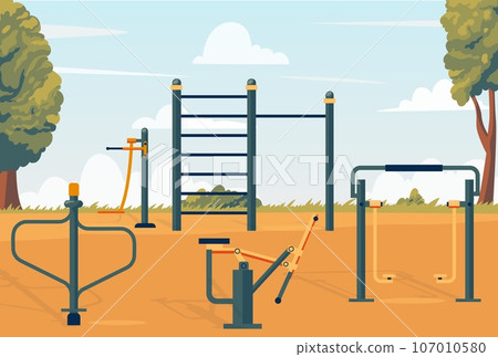 Street workout park. Cartoon city landscape with gymnasium fitness equipment, outdoor gym for bodybuilding flat style. Vector illustration 107010580
