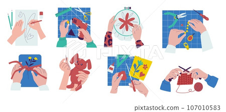 Handmade hobby. Colorful needlework and textile art, cartoon creative workshop with making beading yarn embroidery. Vector flat set Handmade hobby. Colorful needlework and textile art, cartoon creative workshop with making beading yarn embroidery. Vector flat set 107010583