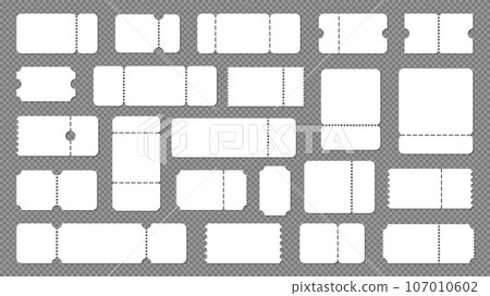 Blank ticket template. Money coupon mockup with text and logo, theater ticket with discount voucher, festival pass and voucher. Vector isolated set Blank ticket template. Money coupon mockup with text and logo, theater ticket with discount voucher, festival pass and voucher. Vector isolated set 107010602