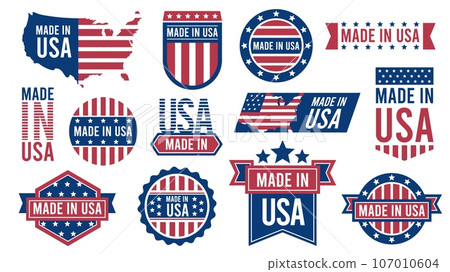 Made in USA badges. American national flag label with text and seal, vintage usa stamp with guarantee. Vector patriotic emblem set Made in USA badges. American national flag label with text and seal, vintage usa stamp with guarantee. Vector patriotic emblem set 107010604
