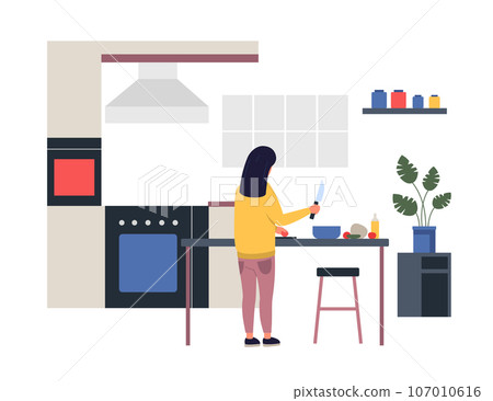 Woman cooking at home, girl at kitchen 107010616