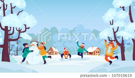 Winter fun for kids with snow and snowman 107010619
