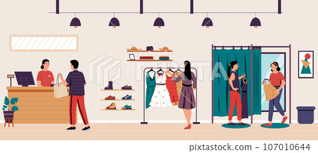 Fashion boutique store interior, clothes and shoes 107010644