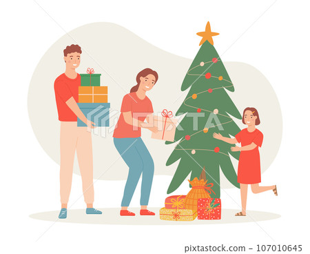 Family celebrate christmas at home, tree and gifts Family celebrate christmas at home, tree and gifts 107010645