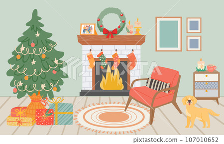 Christmas interiors room with fireplace and chair 107010652