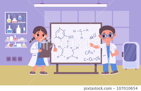 Cartoon kids in robes do chemistry experiment, children scientists Cartoon kids in robes do chemistry experiment, children scientists 107010654