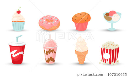 Cartoon fast food. Soda drink, milkshake, popcorn, ice cream, bakery 107010655