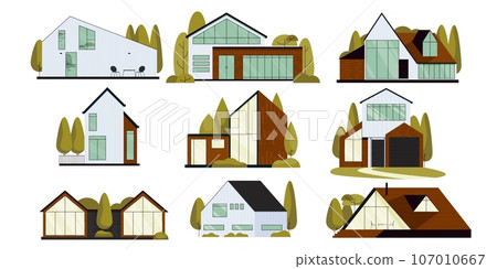 Modern suburban villas. Luxury house with terrace and garden. Urban real estate with apartment and house. Vector isolated set 107010667