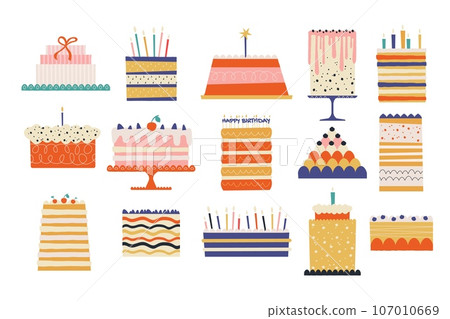 Birthday cakes. Cartoon sweet desserts with colorful decorations, creative bakery products for party celebration, delicious pastry. Vector flat set Birthday cakes. Cartoon sweet desserts with colorful decorations, creative bakery products for party celebration, delicious pastry. Vector flat set 107010669
