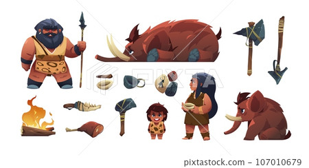Primitive people. Ancient prehistoric hunters with weapons and tools, barefoot caveman and archaic woman with club and fire. Vector savage ancient men set 107010679