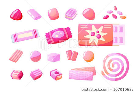 Bubblegum collection. Chewy sweet mint candy gumballs, cartoon gum flavor stick balls, mint dragee product. Vector isolated set 107010682