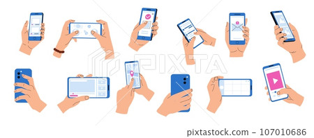 Hands holding phones with apps. Smartphone with applications on display in flat style, mobile device with video message and dating applications. Vector isolated set Hands holding phones with apps. Smartphone with applications on display in flat style, mobile device with video message and dating applications. Vector isolated set 107010686