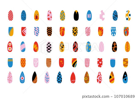 Painted nails collection. Colorful glossy decorative polish collection with texture and print for finger nail. Woman manicure pedicure design vector set 107010689