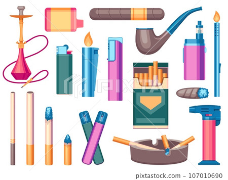 Tobacco products collection. Cartoon cigarettes and cigarillos tobacco leaf, snuff and pipe products, cigarette in flat style. Vector isolated set 107010690