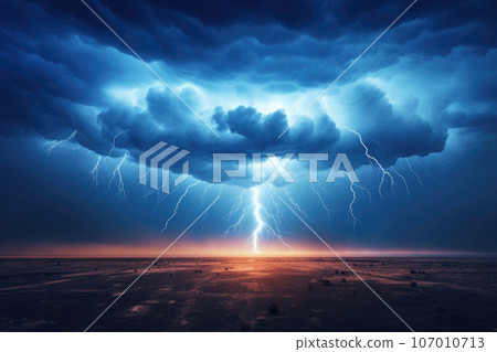 Lightning thunderstorm flash over the night sky. Concept on topic weather, cataclysms. AI generated 107010713