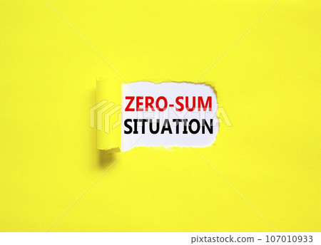 Zero-sum situation symbol. Concept words Zero-sum situation on beautiful white paper. Beautiful yellow paper background. Business psychology zero-sum situation concept. Copy space. 107010933