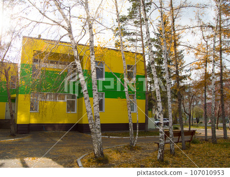 The two-storied building covered with beautiful yellow and green siding The two-storied building covered with beautiful yellow and green siding 107010953