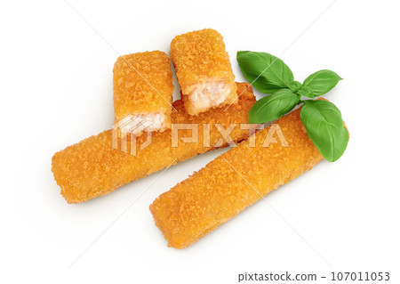 Fish finger or stick with parsley isolated on white background. Top view. Flat lay. Fish finger or stick with parsley isolated on white background. Top view. Flat lay. 107011053