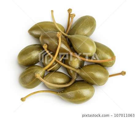 Capers isolated on white background. Pickled or canned capers. Top view. Flat lay Capers isolated on white background. Pickled or canned capers. Top view. Flat lay 107011063