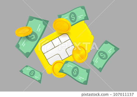 Mobile phone SIM card with money. 3d vector Mobile phone SIM card with money. 3d vector 107011137
