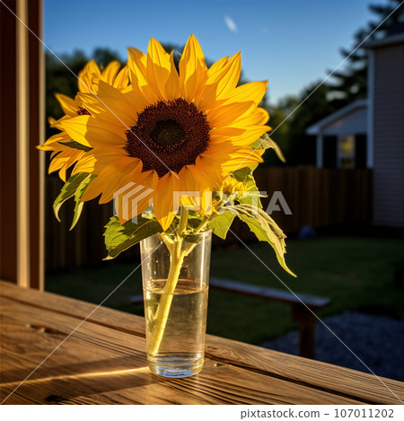 Sunflower in Vase on Deck at Sunset - AI Generated 107011202