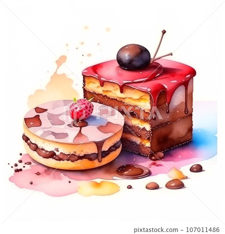 Piece of chocolate cake with cream and berries,... - Stock Illustration ...