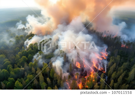 Aerial view of a forest fire. Aerial view of a forest fire. 107011558