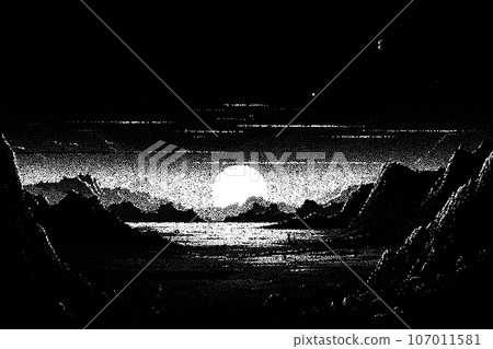 Alien planet landscape in retro dotwork style. Planets and satellites over unknown planet in space. Sci-fi world landscape beyond our galaxy. Alien planet landscape in retro dotwork style. Planets and satellites over unknown planet in space. Sci-fi world landscape beyond our galaxy. 107011581