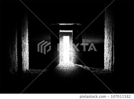 Ancient ruins in sci-fi scene with dotwork retro style. Mysterious gate debris with dramatic lights and retro texture 107011582