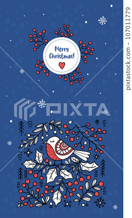 Merry Christmas modern folk banner template. Bird on branch with Xmas berries, holly on blue background. Vector vertical illustration. Scandinavian folk design for Christmas and New Year decoration. 107011779