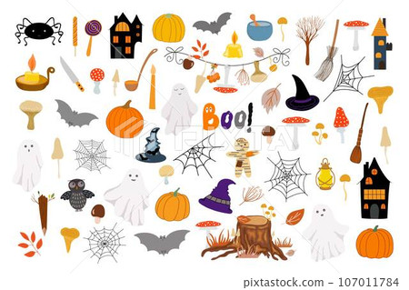 Halloween elements set, cartoon doodle autumn holiday celebration decor, cute spooky boo simple character vector illustrations, trendy holiday symbols bat, ghost, voodoo, haunted, spider web, pumpkin Halloween elements set, cartoon doodle autumn holiday celebration decor, cute spooky boo simple character vector illustrations, trendy holiday symbols bat, ghost, voodoo, haunted, spider web, pumpkin 107011784