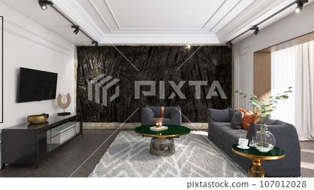 modern dark living interior with rock feature. 107012028