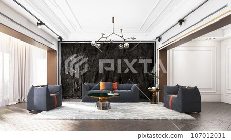 modern dark living interior with rock feature. 107012031