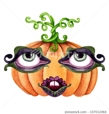 Watercolor monster pumpkin for Halloween and fantasy masks with eyes and lips Watercolor monster pumpkin for Halloween and fantasy masks with eyes and lips 107012068