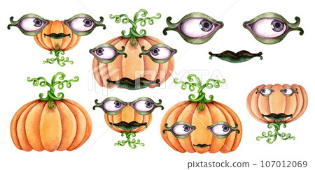 Watercolor monster pumpkins for Halloween and fantasy masks with eyes and lips 107012069