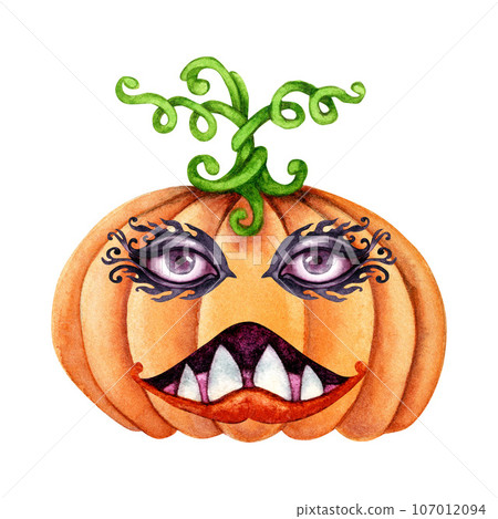 Watercolor monster pumpkin for Halloween and fantasy masks with eyes and lips Watercolor monster pumpkin for Halloween and fantasy masks with eyes and lips 107012094