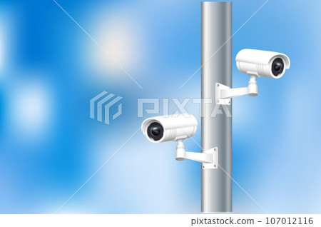Close up of CCTV camera over defocused background. Security monitoring system for smart home, company. Vector Close up of CCTV camera over defocused background. Security monitoring system for smart home, company. Vector 107012116