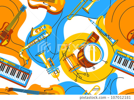 Pattern with musical instruments. Jazz, blues and classical music. 107012181