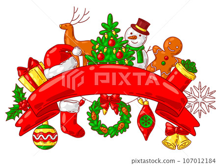 Merry Christmas background. Holiday objects in cartoon style. 107012184