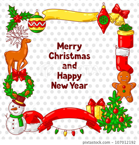 Merry Christmas greeting card. Holiday illustration in cartoon style. 107012192