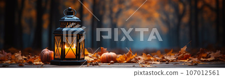 Warm and inviting lit vintage lantern resting on wood planks base outdoors in a fall setting - generative AI. Warm and inviting lit vintage lantern resting on wood planks base outdoors in a fall setting - generative AI. 107012561