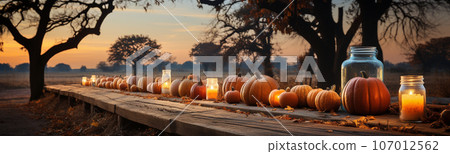 Spooky and fun collection of dozens of Halloween carved pumpkins outside on Hallows Eve - generative AI. 107012562