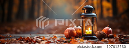 Warm and inviting lit vintage lantern resting on wood planks base outdoors in a fall setting - generative AI. Warm and inviting lit vintage lantern resting on wood planks base outdoors in a fall setting - generative AI. 107012580