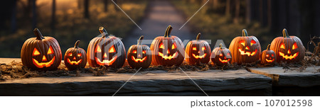 Spooky and fun collection of dozens of Halloween carved pumpkins outside on Hallows Eve - generative AI. Spooky and fun collection of dozens of Halloween carved pumpkins outside on Hallows Eve - generative AI. 107012598