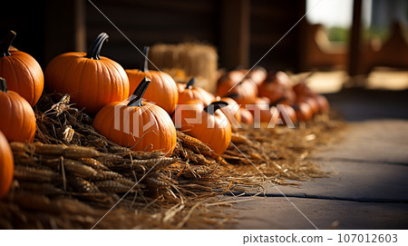 Dozens of orange fall and Halloween pumpkins and hay decorating the country barn scene - generative AI. Dozens of orange fall and Halloween pumpkins and hay decorating the country barn scene - generative AI. 107012603