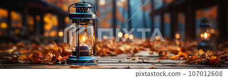 Warm and inviting lit vintage lantern resting on wood planks base outdoors in a fall setting - generative AI. 107012608