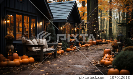 Fall and autumn beautifully decorated house porches with pumpkins, gourds and seating - generative AI. 107012618