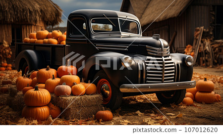 Pumpkins surround a vintage truck in a fall barn country setting - generative AI. 107012620